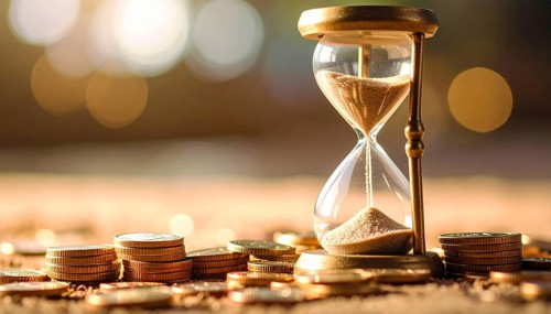 Hourglass and stacked golden coins, illustrating currency fluctuation and time impact commodities
