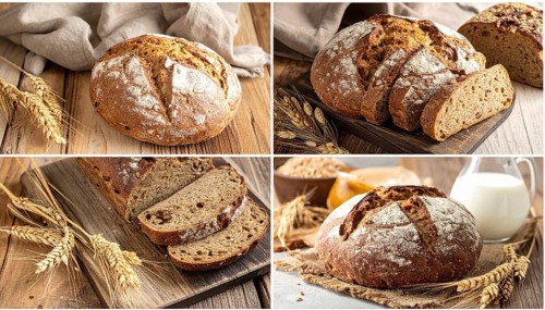 Collage of rustic loaf of whole grain bread, bread on dark rustic wooden table, great variety of
