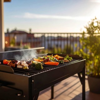 Cooking vegetables on grill on the balcony, healthy lifestyle, vegetarian barbeque, leisure time in