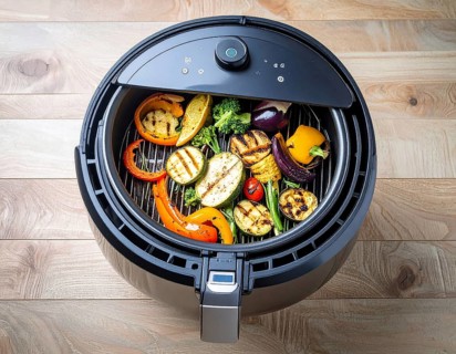 Air fryer with grilled vegetables, wooden table in the kitchen, healthy eating, healthy vegetarian