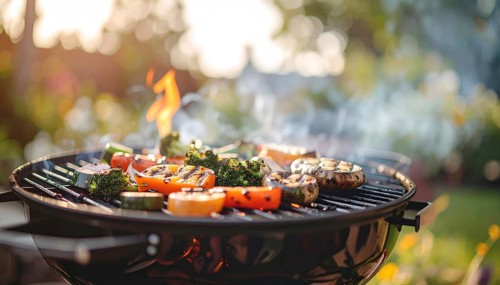 Cooking vegetables on grill outdoors, healthy lifestyle with healthy food, close up of grill with