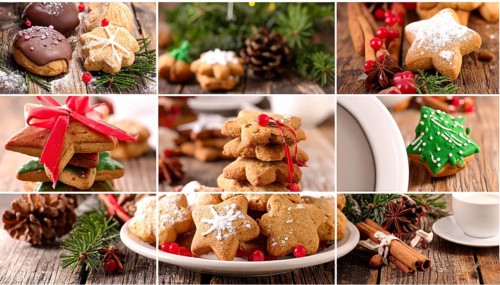 Collage of Christmas cookies and sweets, variation of sweet desserts, lots of unhealthy calories,