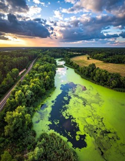 Green algae on the lake. Aerial view of nature, landscape with hills and forest in summer, cloudy