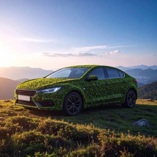Car formed by green leaves and branches. Sustainable Car technology, ecology concept in harmony