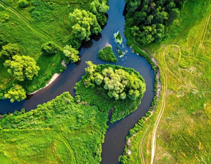 Ecology and environment concept. Green wilderness nature from above. Aerial view on meandering