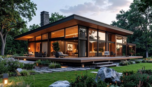 Modern Extension on a Traditional Cottage with Glass and Wood Architecture, green garden with
