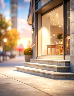 Modern building entrance with stairs, glass facade, and plants in warm evening light, empty