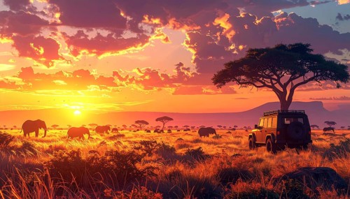 African savannah sunrise with a jeep safari and elephants, AI generated
