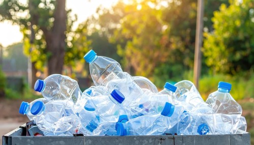 Crushed plastic water bottle waste in a wild landscape, symbol for nature protection, waste