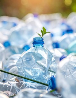 Crushed plastic water bottle waste in a wild landscape, symbol for nature protection, waste