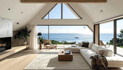 Peaceful A-frame cabin interior with ocean views, real estate lifestyle and travel destination,