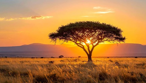 Single acacia tree in the savannah at sunset, solitude in the wild, dry grass in the foreground,