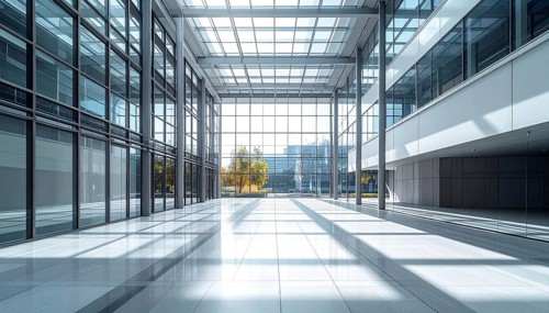 Modern architectural framework with glass and steel structure, glass facade with a greed of steel