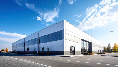 Modern supermarket building exterior against blue sky, Inviting white facade, some clouds, concept