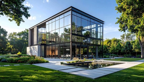 Modern architectural framework with glass and steel structure, glass facade with a greed of steel