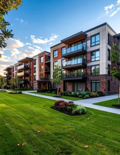 Modern apartment building with balconies and well-kept landscaping at sunset, Modern multifamily