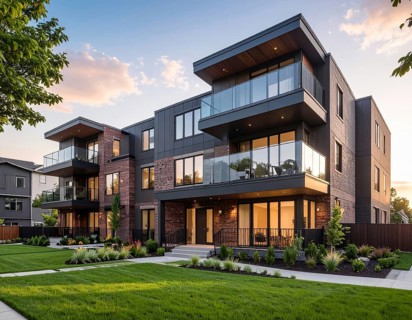 Modern apartment building with balconies and well-kept landscaping at sunset, Modern multifamily