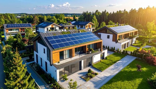 Aerial view showcases modern houses with solar panels and green roofs in a suburban setting,