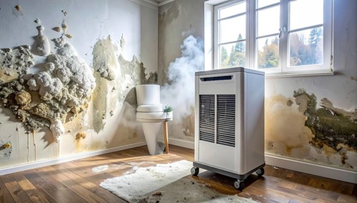 A specialized dehumidifier operates in a mold-infested room following water damage, Shell