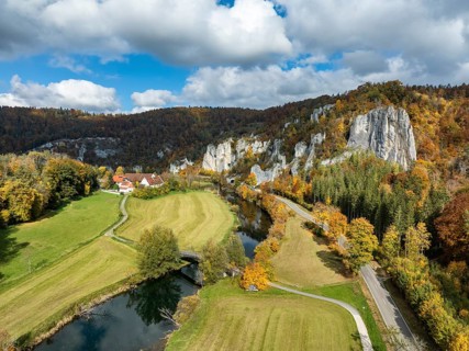 Aerial view of Käppeler Manor with St. George's Basilica near Thiergarten in the Upper Danube