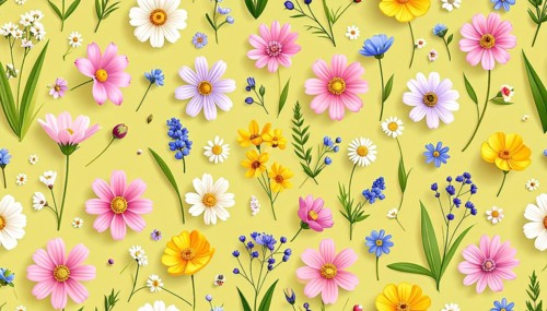 Vibrant wildflowers and grass create a colorful and joyful floral pattern, Variety of wild flowers,