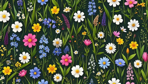 Vibrant wildflowers and grass create a colorful and joyful floral pattern, Variety of wild flowers,