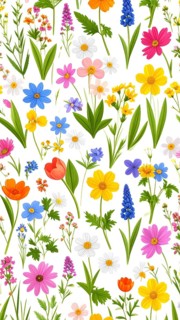 Vibrant wildflowers and grass create a colorful and joyful floral pattern, Variety of wild flowers,