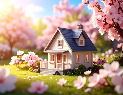A miniature house surrounded by blooming cherry blossoms and warm sunlight, creating a peaceful and