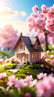 A miniature house surrounded by blooming cherry blossoms and warm sunlight, creating a peaceful and