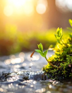 Beautiful spring detailed stream of fresh water, vibrant blooming young green plants, wallpaper