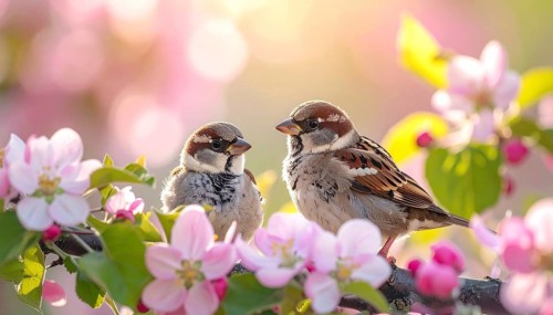Small funny Sparrow Chicks sit in the garden surrounded by pink Apple blossoms on a Sunny may day,