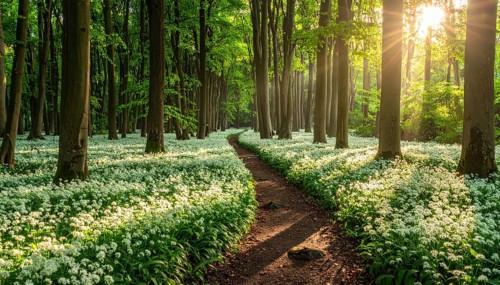 A tranquil forest path lined with white flowers, surrounded by tall trees and bathed in soft