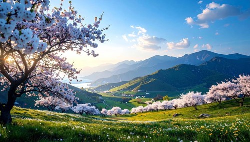 Landscape with a blooming apricot tree, idilyc spring nature, green grass and mountains in
