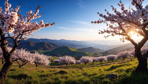 Landscape with a blooming apricot tree, idilyc spring nature, green grass and mountains in
