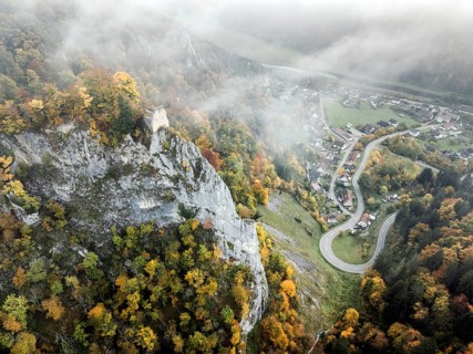 Aerial view of the viewpoint, shovels and Hausen Castle, also known as the Hausen ruins, surrounded