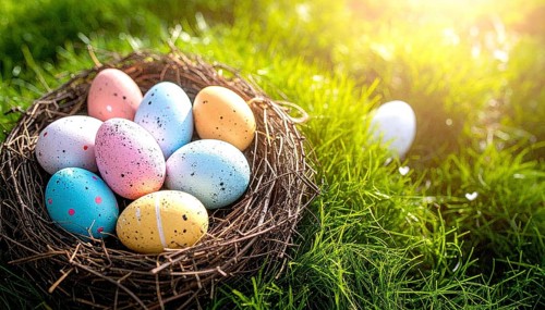 Nest with easter eggs in a basket on grass, sunny spring day, fresh beautiful landscape at