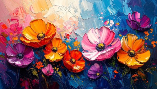 Closeup of abstract rough colorful multicolored organic floral spring flowers art painting texture,