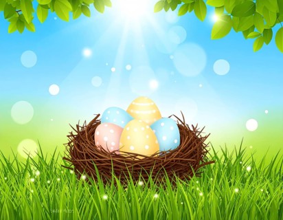 Nest with easter eggs in grass on a sunny spring day, Easter wallpaper decoration drawing, banner,