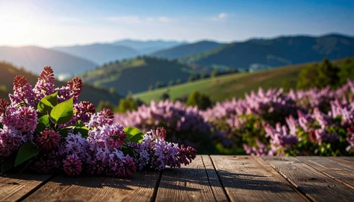 Beautiful Spring Lilacs Bloom Over Wooden Table with Rolling Hills in Background, sunrise at