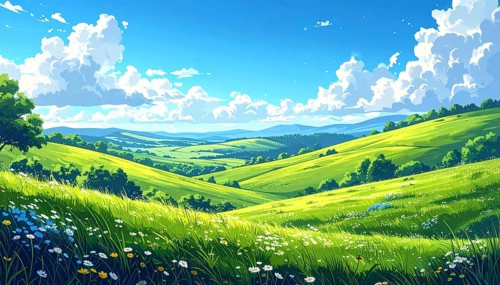 Fresh summer hilly Landscape with blooming Meadow, green plants, Blue Sky with cloudy sky, serene