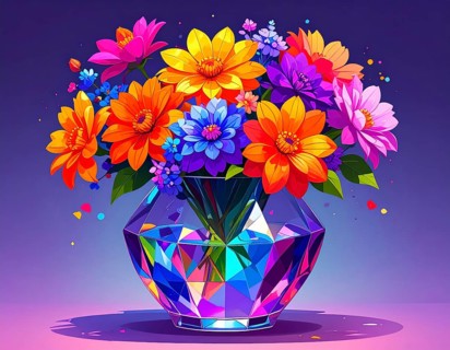 Crystal glass vase with vibrant blooming flowers, vibrant vector drawing illustration for fresh
