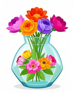 Crystal glass vase with vibrant blooming flowers, vibrant vector drawing illustration for fresh
