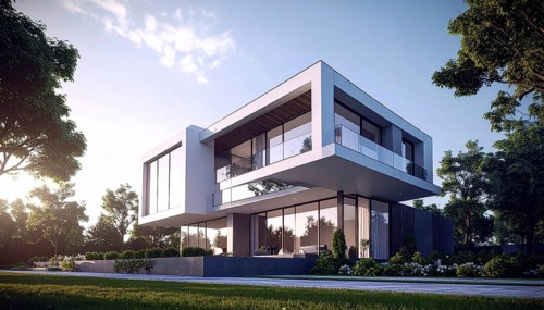 Modern residential house with green garden, simple geometric architecture, clear blue sky in the