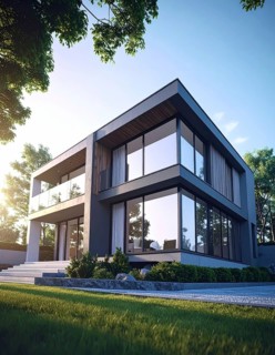 Modern residential house with green garden, simple geometric architecture, clear blue sky in the