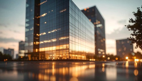Modern building reflecting sunset light at dusk. Abstract Futuristic Business Background, AI