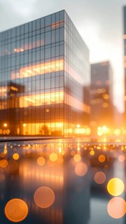 Modern building reflecting sunset light at dusk. Abstract Futuristic Business Background, AI