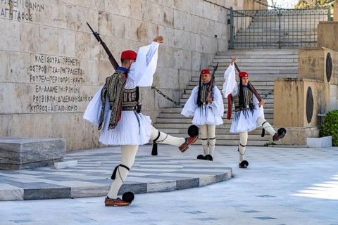 The traditional changing of the guard of the Evzones in front of the Greek Parliament in the Greek