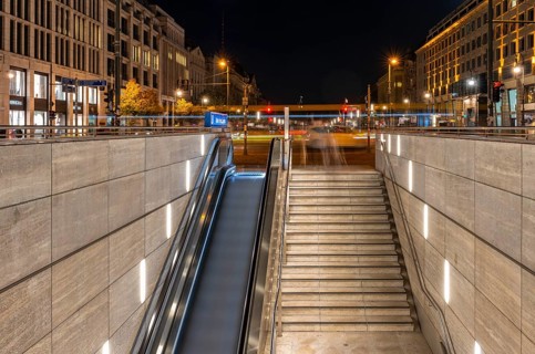 Night photo, long exposure with motion blur, modern underground entrance at Unter den Linden