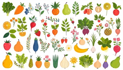 Spring and summer fruit and vegetable element set, vector illustration, AI generated