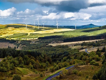 Wind Farm from a drone, Roxburghshire, Roxburgh, Southern Uplands, Scotland, UK